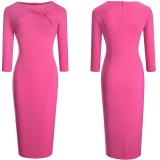 Spring Solid Color O-Neck Office Midi Dress with 3/4 Sleeves