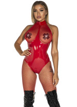 Sexy Red Mesh Patch Sleeveless Leather Teddy Lingerie
