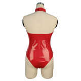 Sexy Red Mesh Patch Sleeveless Leather Teddy Lingerie