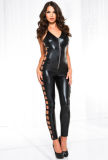 Sexy Black Leather Hollow Out Sleeveless Bodycon Jumpsuit