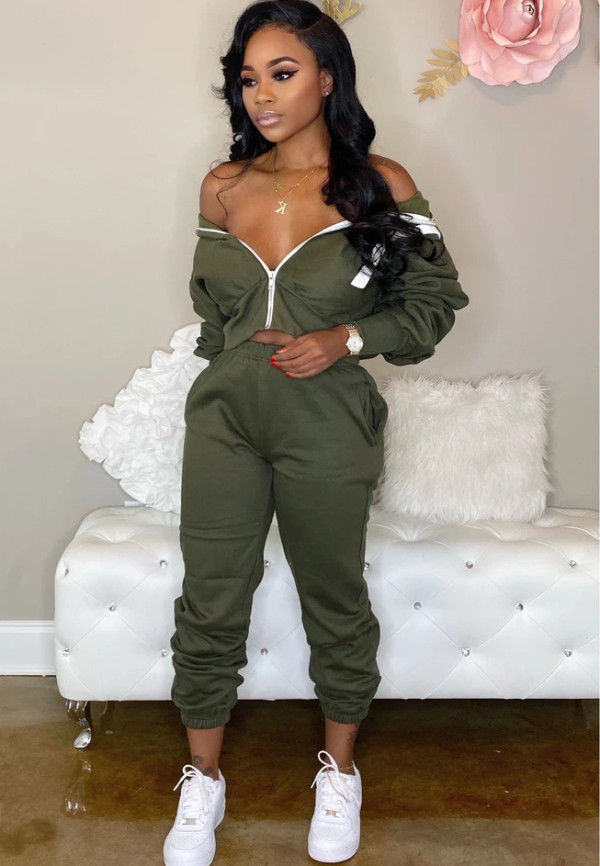 Solid Color Long Sleeve Crop Top and Pants Hoody Tracksuit