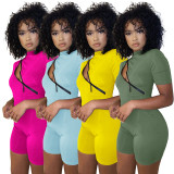 Solid Color Sexy Zipped Bodycon Rompers with Short Sleeves