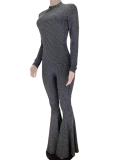 Occassional Sexy Long Sleeve Metallic Flare Jumpsuit