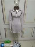 Spring Grey Long Sleeve Zipped Bodycon Dress