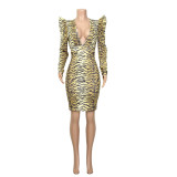 Sexy Tiger Print V-Neck Bodycon Dress with Full Sleeves