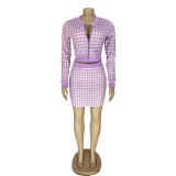 Casual Long Sleeve Plaid Zipper Crop Top and Mini Skirt Set