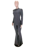 Occassional Sexy Long Sleeve Metallic Flare Jumpsuit