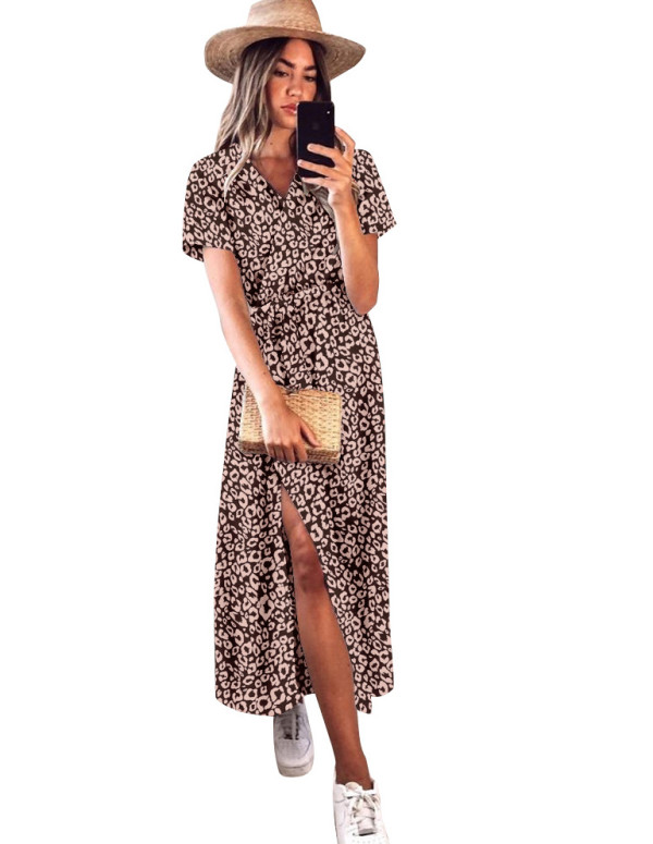 Summer Elegant Leopard Wrapped Long Dress with Short Sleeves