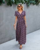 Summer Elegant Floral Wrapped Long Sundress with Short Sleeves