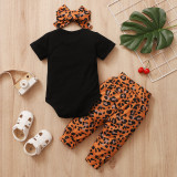 Baby Girl Summer Leopard Rompers and Pants Set with Matching Headband