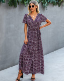 Summer Elegant Floral Wrapped Long Sundress with Short Sleeves