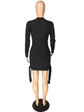 Casual Blank Knotted O-Neck Shirt Dress with Full Sleeves