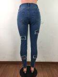 Blue High Waist Patch Ripped Fit Jeans