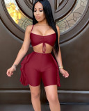 Solid Color Sexy Halter Crop Top and Ruffle Shorts Set