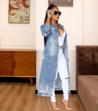 Spring Blue Denim Ripped Long Jacket with Long Sleeves