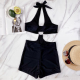 One-Piece Black Cut Out Metal Ring Halter Swimsuit