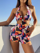 One-Piece Multi-Color Cut Out Metal Ring Halter Swimsuit