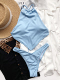 Two-Piece Solid Color Halter Swimwear