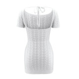Summer White Knitted Short Sleeve Square Mini Dress