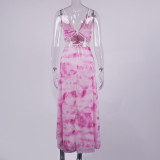 Summer Pink Tie Dye Straps Long Dress