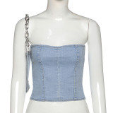 Blue Denim Lace Up Strapless Top with Matching Hand Bag