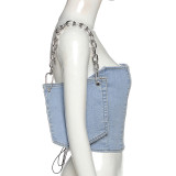 Blue Denim Lace Up Strapless Top with Matching Hand Bag