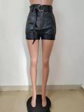Spring Black High Waist Leather Shorts with Matching Belt