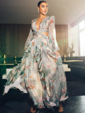 Summer Floral Green Deep-V Sexy Long Maxi Dress with Full Sleeves