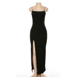 Formal Black Side Slit Strap Long Evening Dress