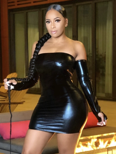 Party Sexy Black Leather Tube Dress with Gloves