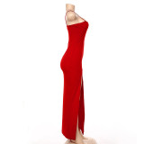Formal Red Side Slit Strap Long Evening Dress