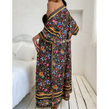 Summer Bohemian Floral Print Long Cover-Up with Belt