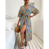 Summer Bohemian Floral Print Long Cover-Up with Belt