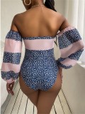 Print Long Sleeve Strapless Swimwear with Cover-Up