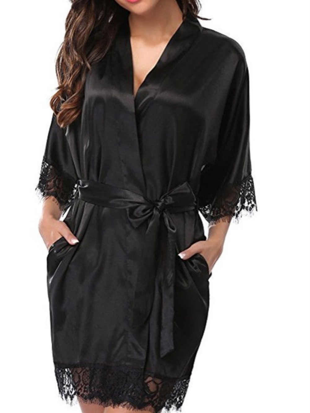 Wholesale Sexy Lace Patch Satin Pajama Robe With Panty Set Global Lover 