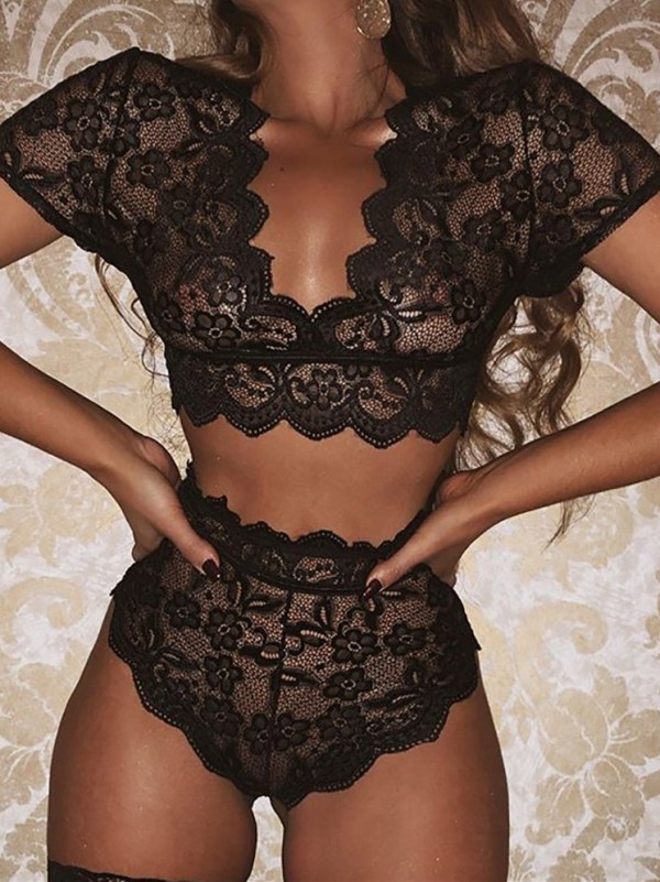 Sexy Lace Short Sleeve Crop Top and Panty Lingerie Set