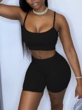 Summer Casual Fit Solid Strap Crop Top and Shorts Matching Set