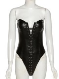 Sexy Black Leather Strapless Lace-Up Bodysuit