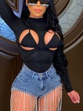 Black Long Sleeve Cut Out Sexy Bodysuit