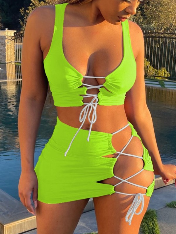 Party Sexy Lace Up Crop Top and Mini Skirt Set