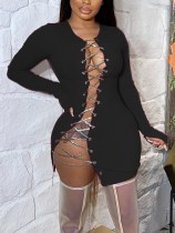Vestido ajustado con cordones de cadenas de manga larga sexy de fiesta