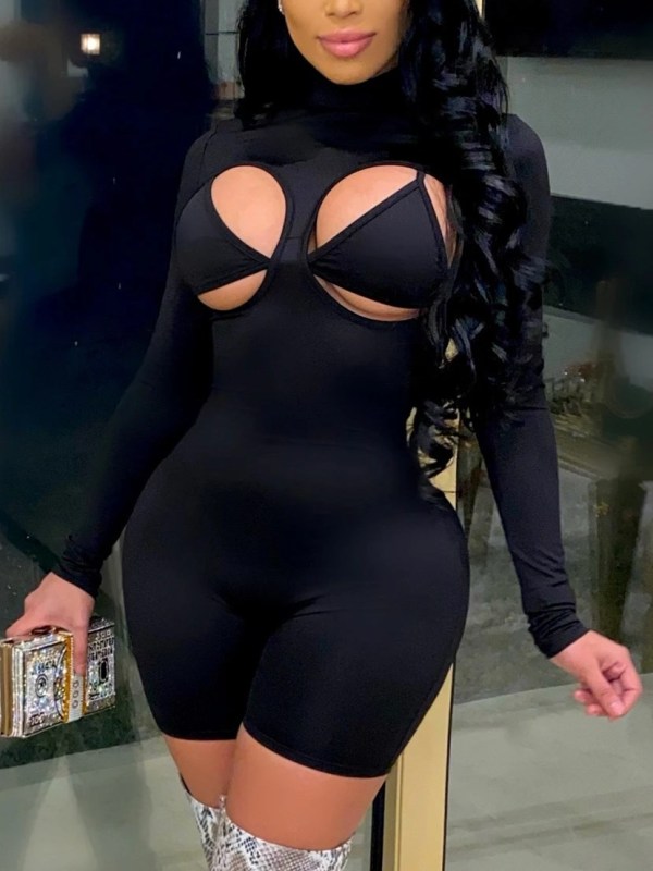 Solid Long Sleeve Sexy Cut Out Bodycon Rompers