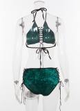 Sexy Green Velvet Lace-Up Halter Bra and High Waist Panty 2PC Lingerie Set