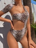 Sexy One Piece Snake Skin One Shoulder Cut Out Swimwear