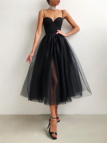 Occassional Solid High Waist Mesh Strap Ball Gown