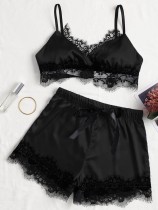 Summer Lace Patch Satin Strap Crop Top and Shorts 2PC Matching Pajama Set