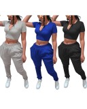 Summer Casual Solid Crop Top and Sweatpants 2PC Matching Set