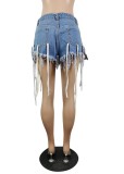 Summer Blue Denim Strings Tassel Shorts
