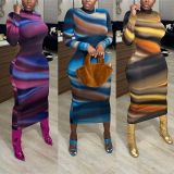 African Fashion Colorful Long Sleeve Midi Bodycon Dress