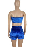Summer Velvet Blue Bandeau Crop Top and Shorts Matching 2PC Set